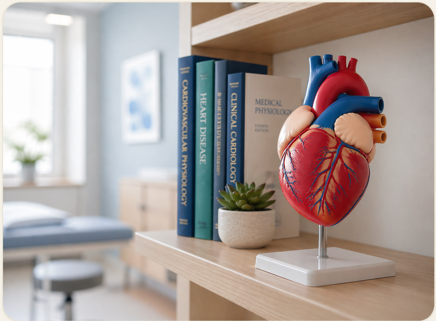 Modelo anatómico del corazón sobre un estante del consultorio junto a libros médicos